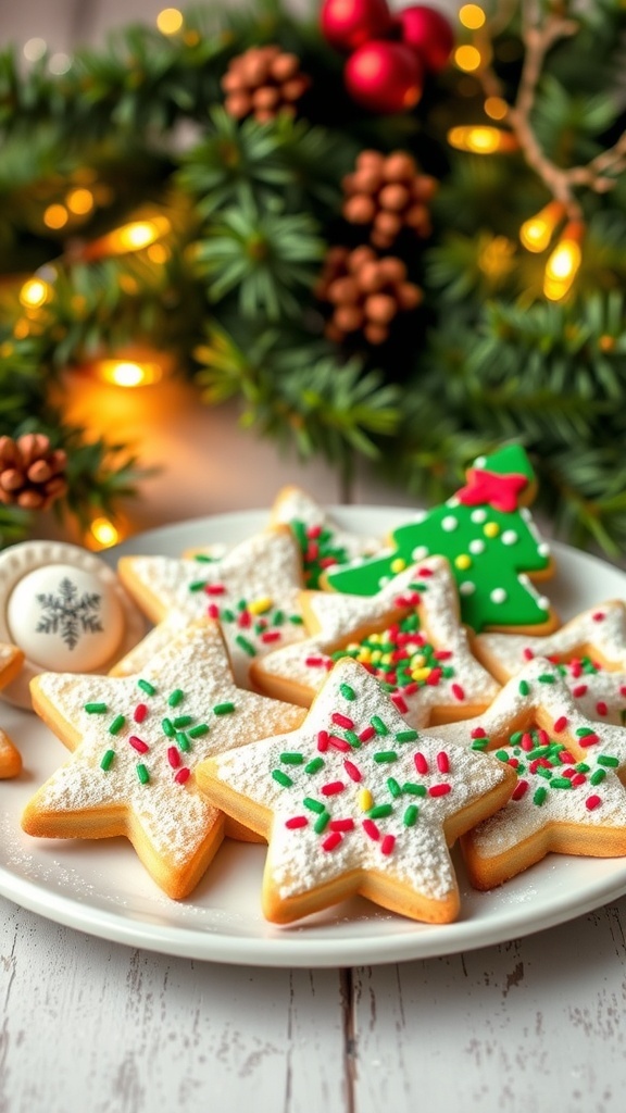 A plate of decorated gluten-free Christmas cookies in festive shapes with sprinkles, set against a holiday backdrop.